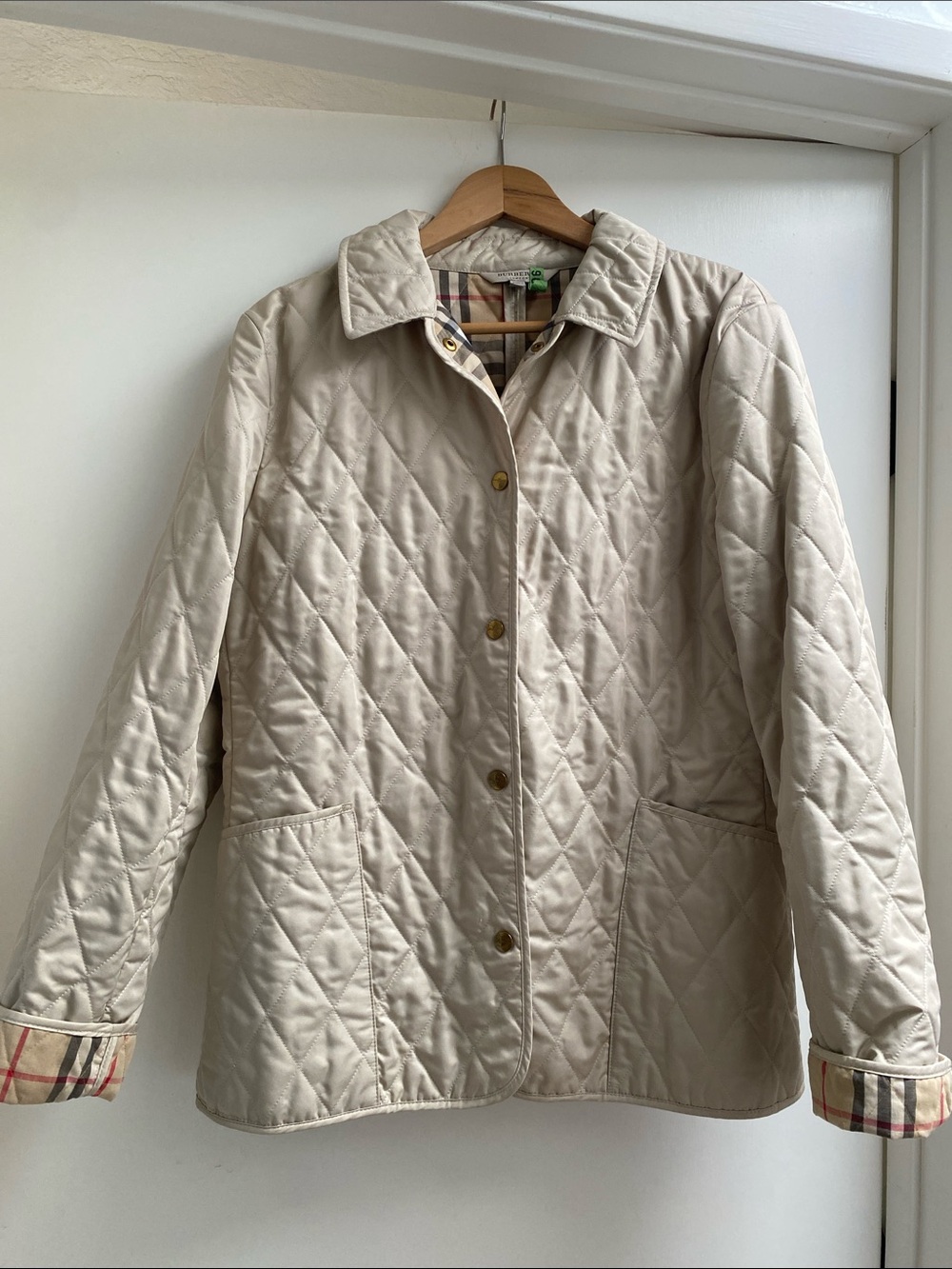 Burberry Cream Quilted Bomber Jacket with Check Cuff Detail